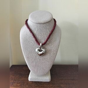 Signed Espo Sterling Silver Heart Pendant on Red Braided Necklace Women's